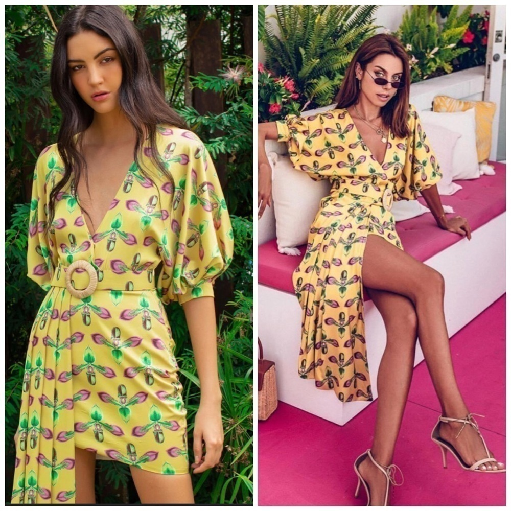 PatBo Asymmetrical Belted Floral Mini Dress Yellow Satin Tropical Size 2 Casual
